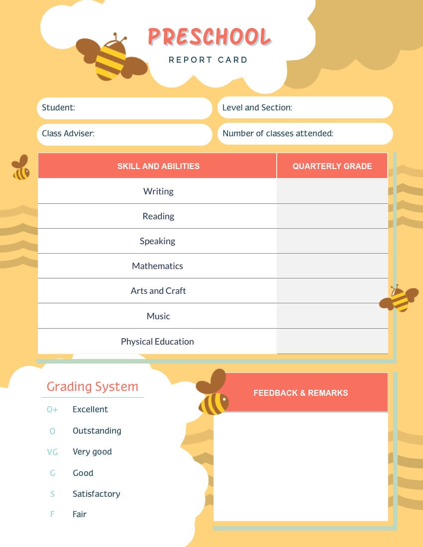 Bee Preschool Report Card Template – Visme Within Preschool Weekly Report Template
