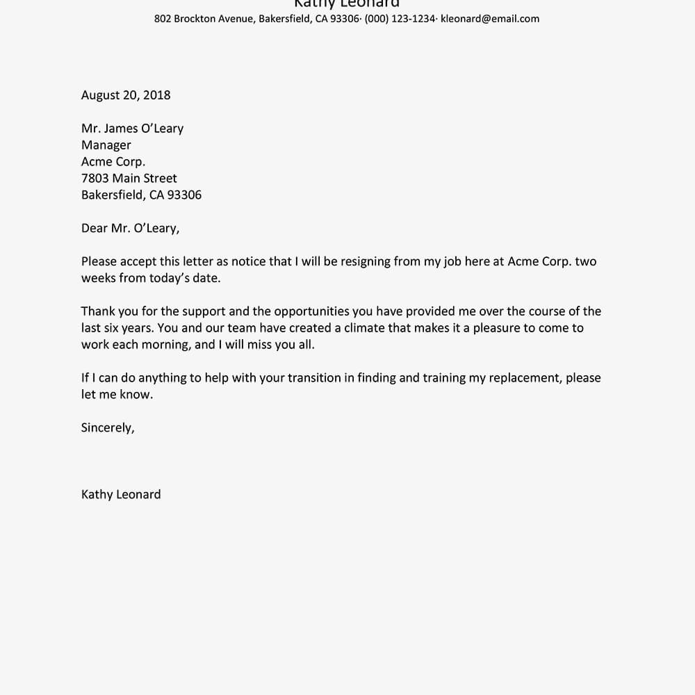Best Resignation Letter Examples Inside Two Week Notice Template Word