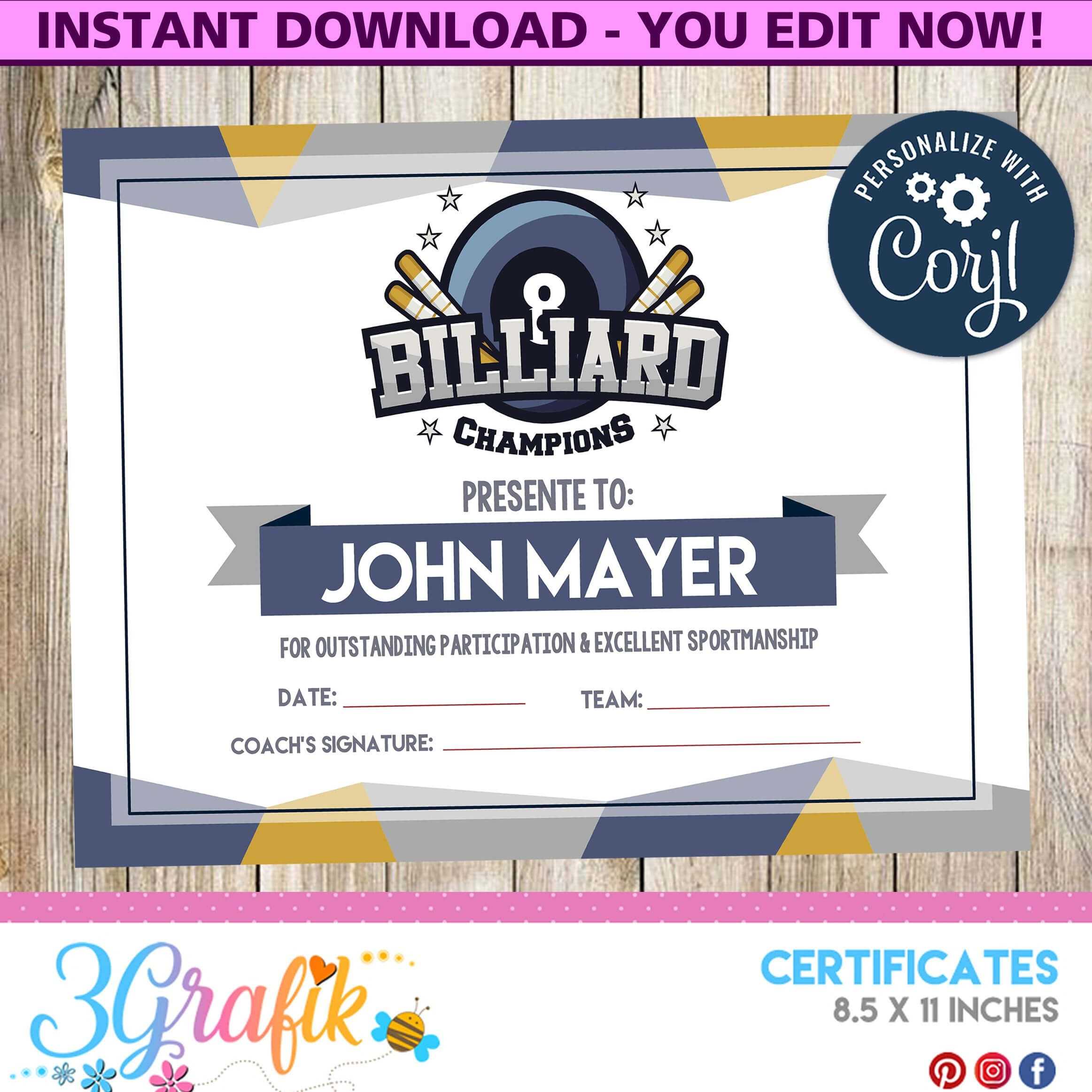 Billiard – Certificate – Printable - 3Grafik | Printable Inside Free Swimming Certificate Templates