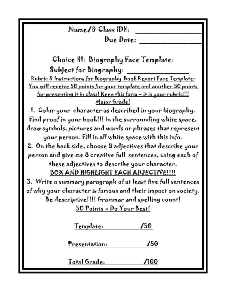 Biography Book Report Face Template Instructions.doc Pertaining To Book Report Template Grade 1