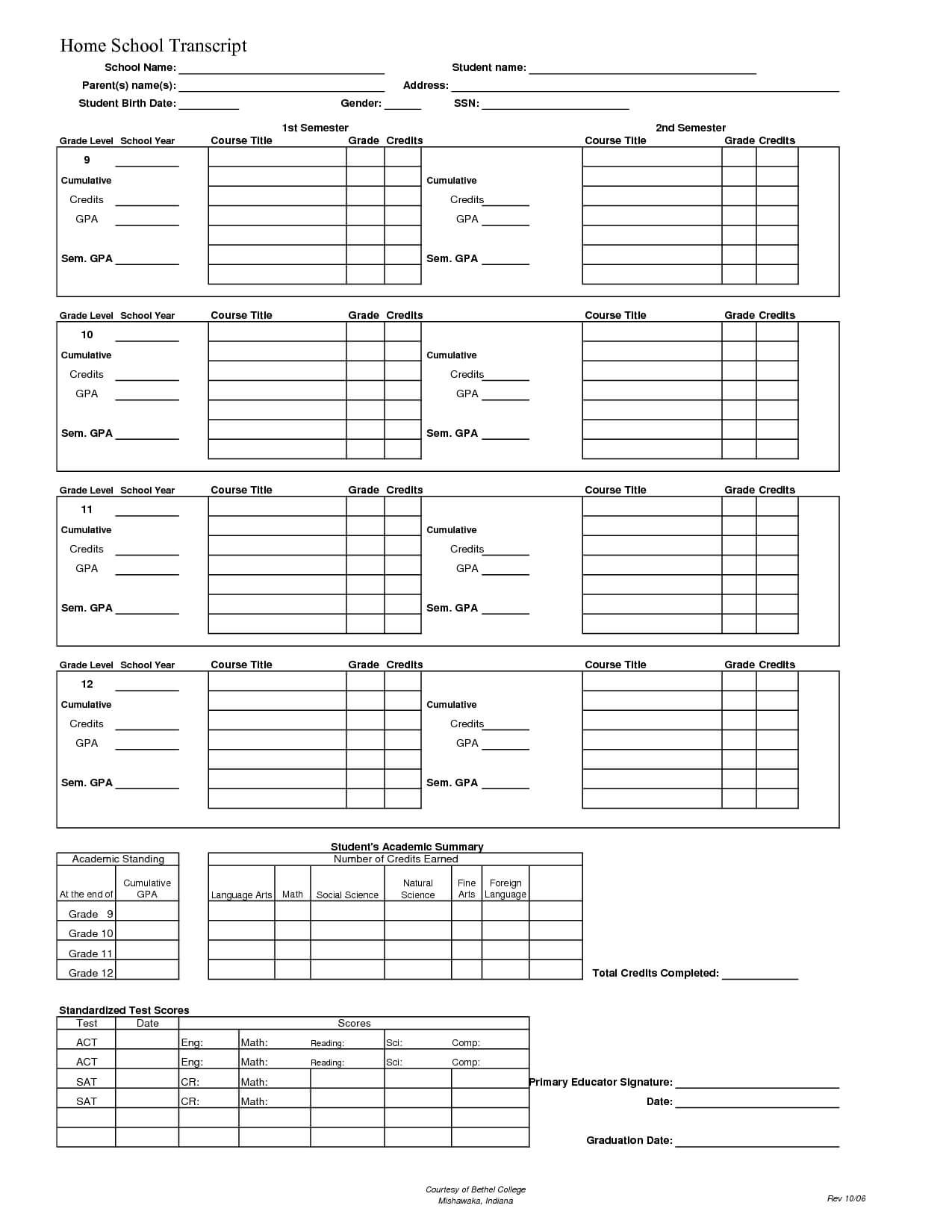 Blank High School Transcript Forms | Transcript Template For Middle School Report Card Template