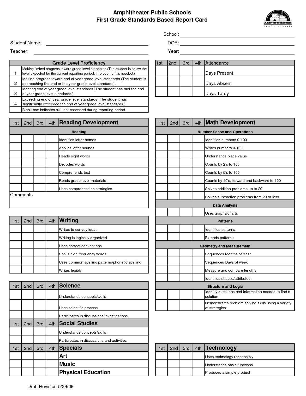 Blank Report Card Template | Kindergarten Report Cards Pertaining To Middle School Report Card Template