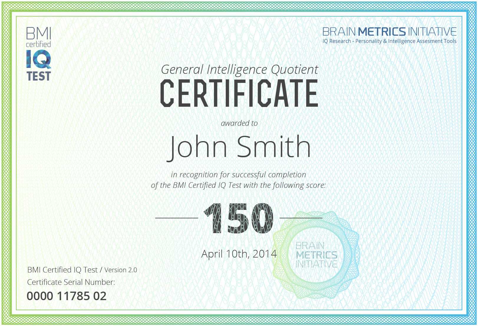 Bmi Certified Iq Test – Take The Most Accurate Online Iq Test! Regarding Iq Certificate Template