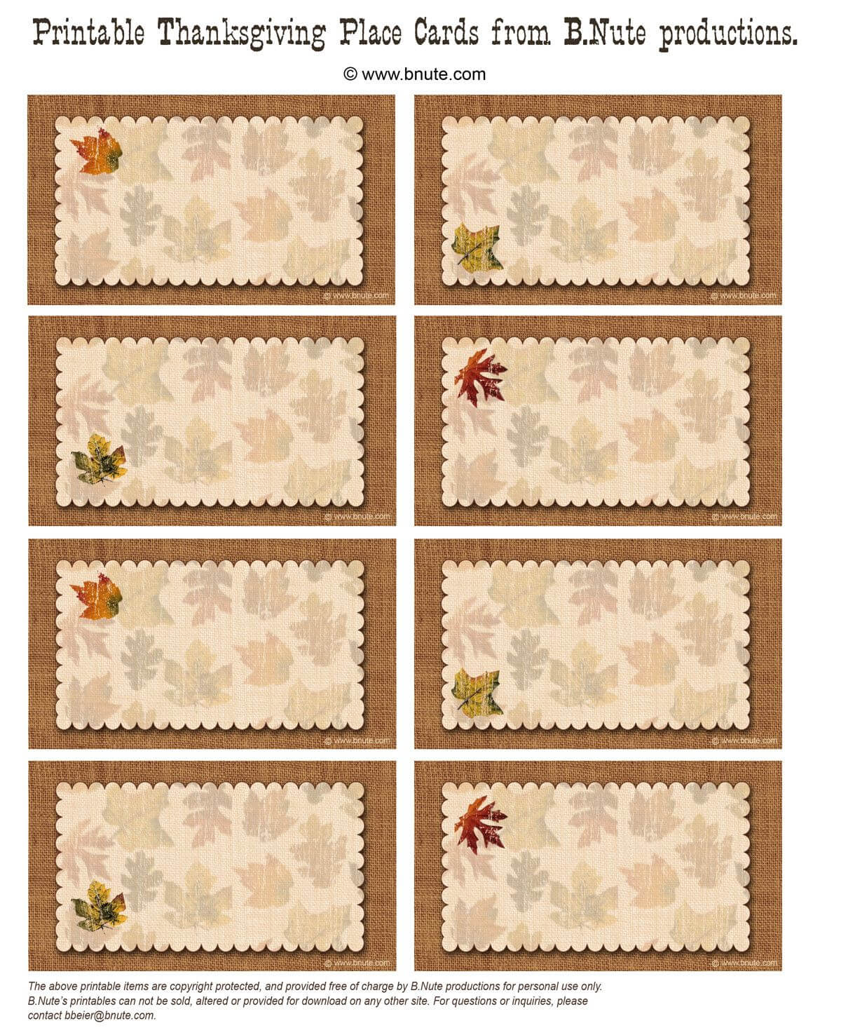 Bnute Productions: Free Printable Autumn Place Cards Perfect For Thanksgiving Place Cards Template