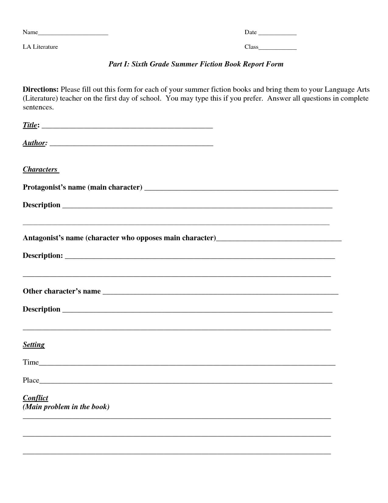 Book Report Template | Part I Sixth Grade Summer Fiction With Regard To 6Th Grade Book Report Template
