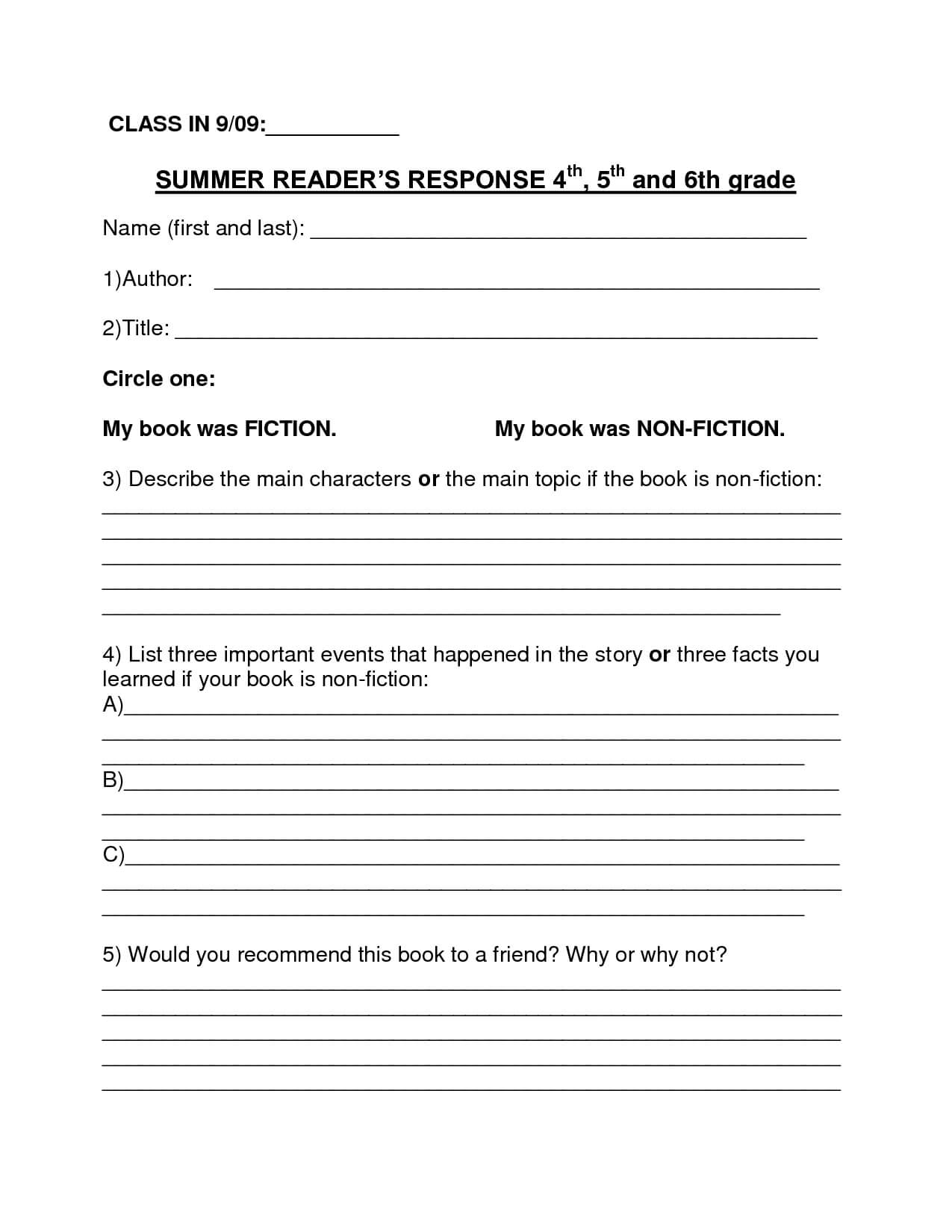 Book Report Template | Summer Book Report 4Th  6Th Grade For Story Report Template