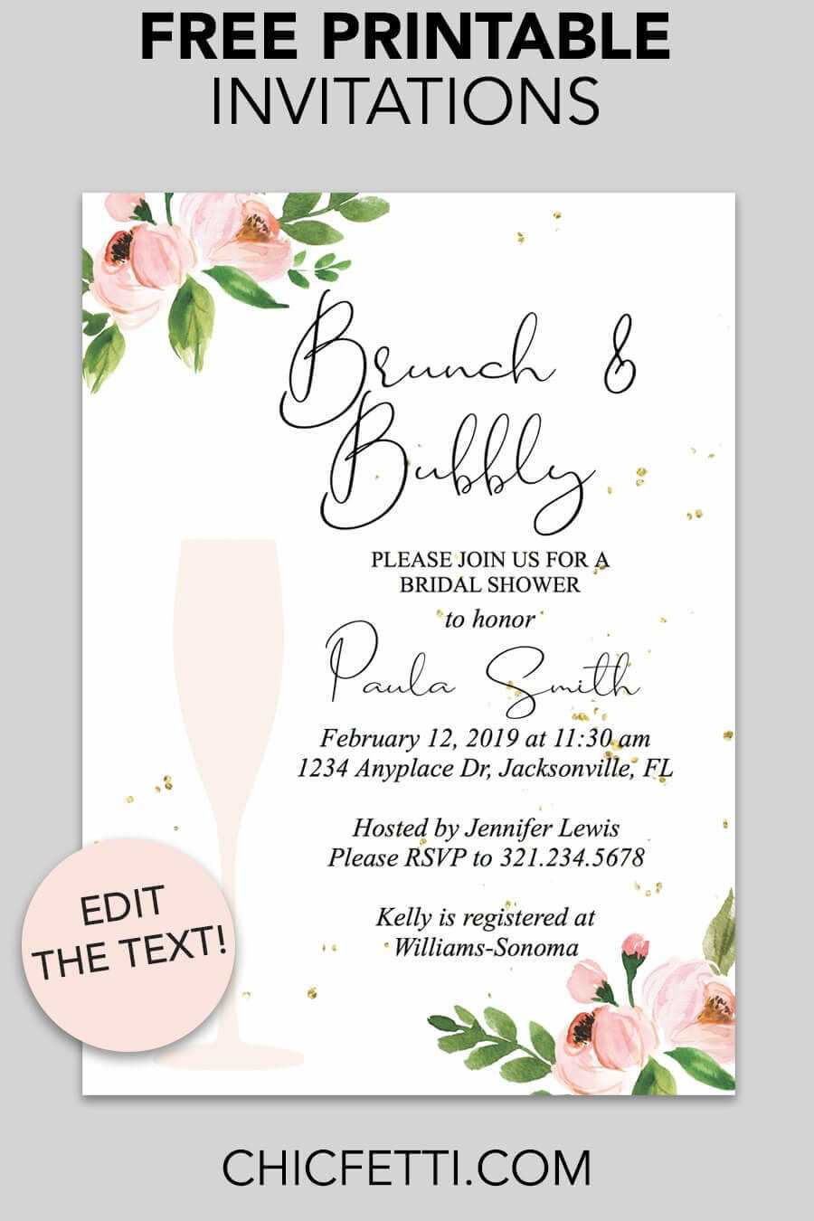 Bridal Shower Printable Invitation (Floral Bubbly | Wedding In Blank Bridal Shower Invitations Templates