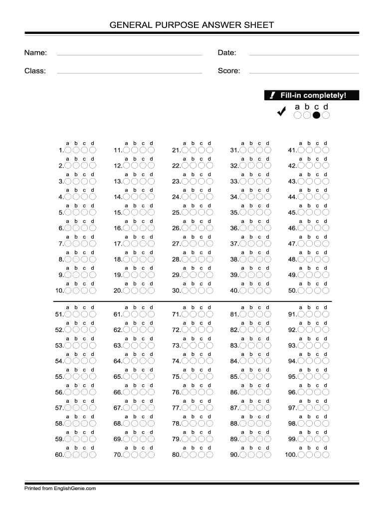 Bubble Answer Sheet 1 100 – Fill Online, Printable, Fillable Regarding Blank Answer Sheet Template 1 100