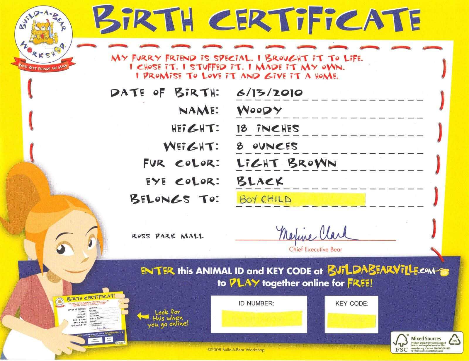 Build A Bear Birth Certificate | Birth Certificate Template Within Build A Bear Birth Certificate Template