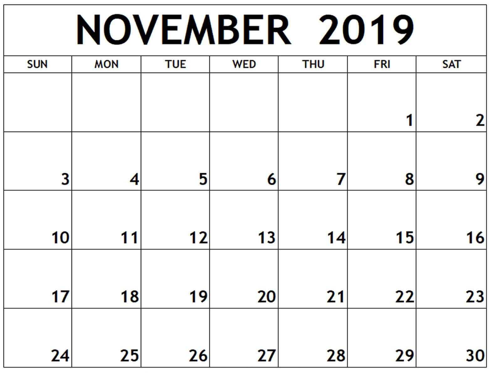 Calendar November 2019 Printable Template – 2019 Calendars Throughout Blank Calender Template