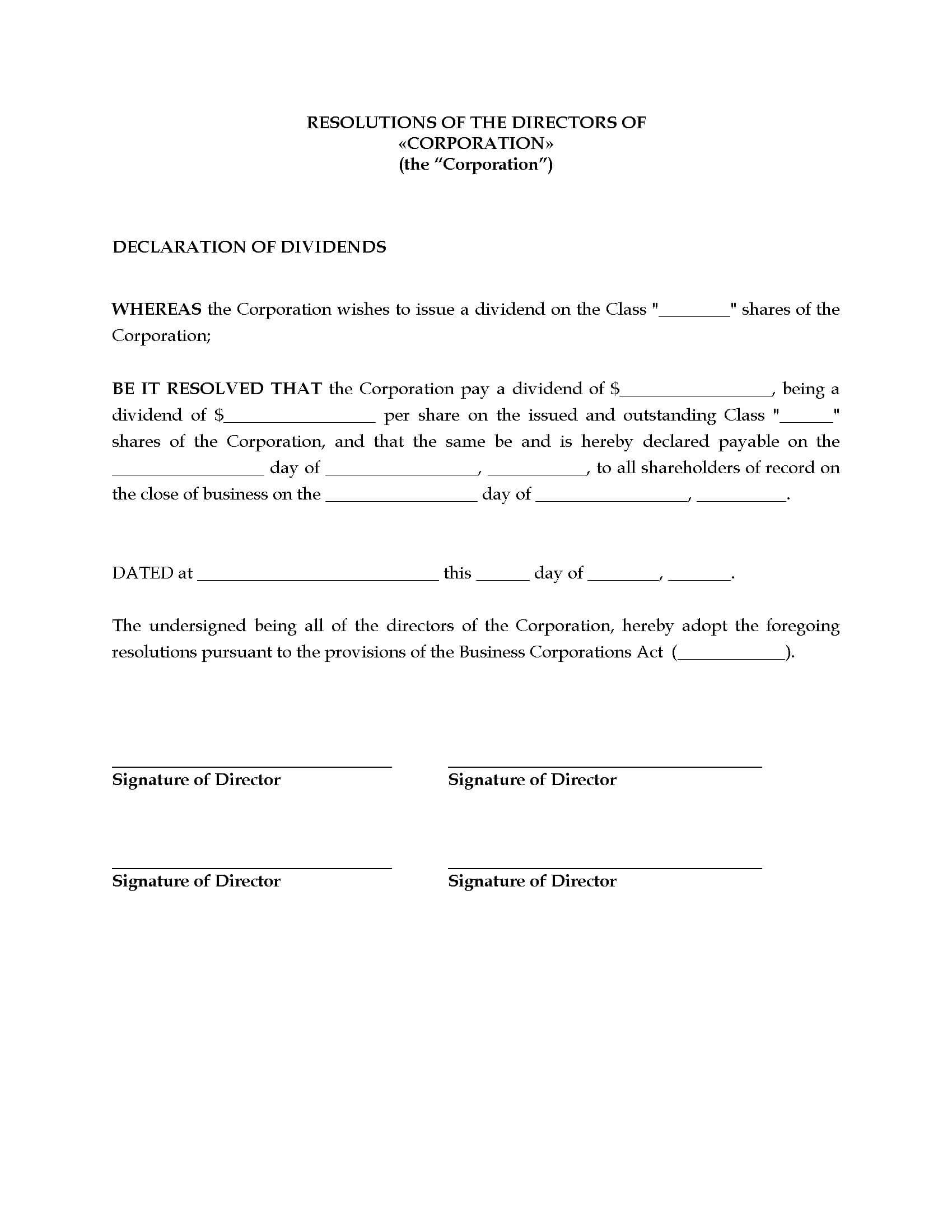 Canada Directors Resolution To Declare Share Dividends Inside Share Certificate Template Australia