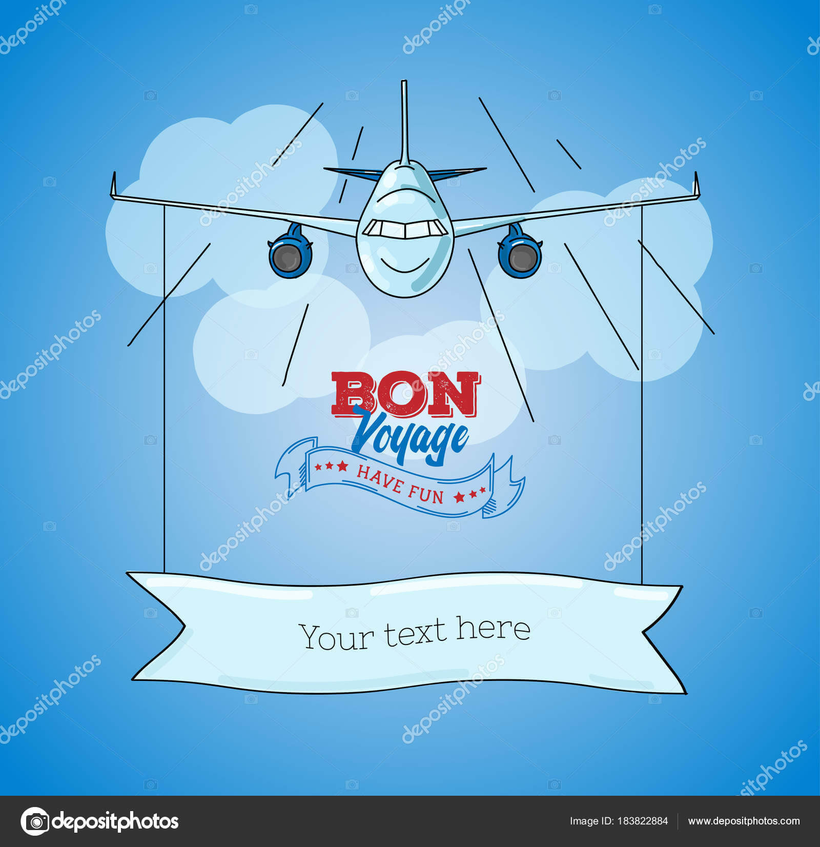 Card Template With Plane Graphic Illustration On Blue Sky For Bon Voyage Card Template
