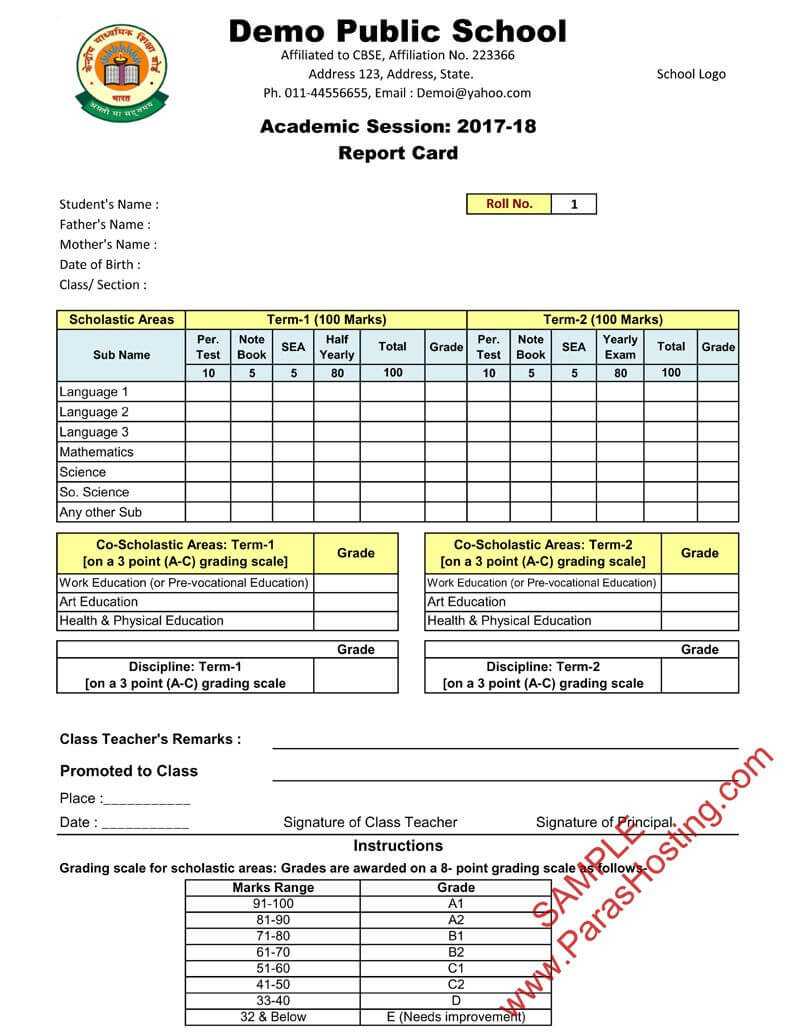 Cbse Report Card Format For Class Vi To Viii | Report Card For Report Card Template Middle School