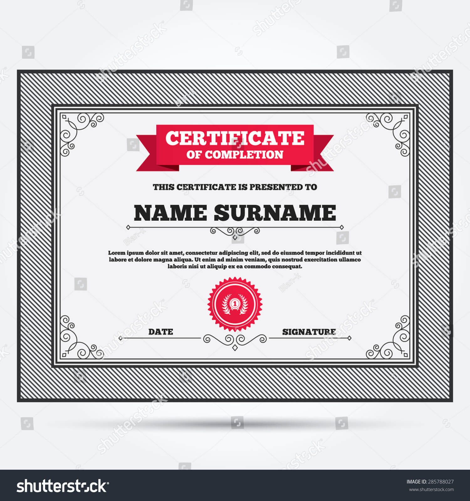 Certificate Completion First Place Award Sign Stock Vector Throughout First Place Award Certificate Template