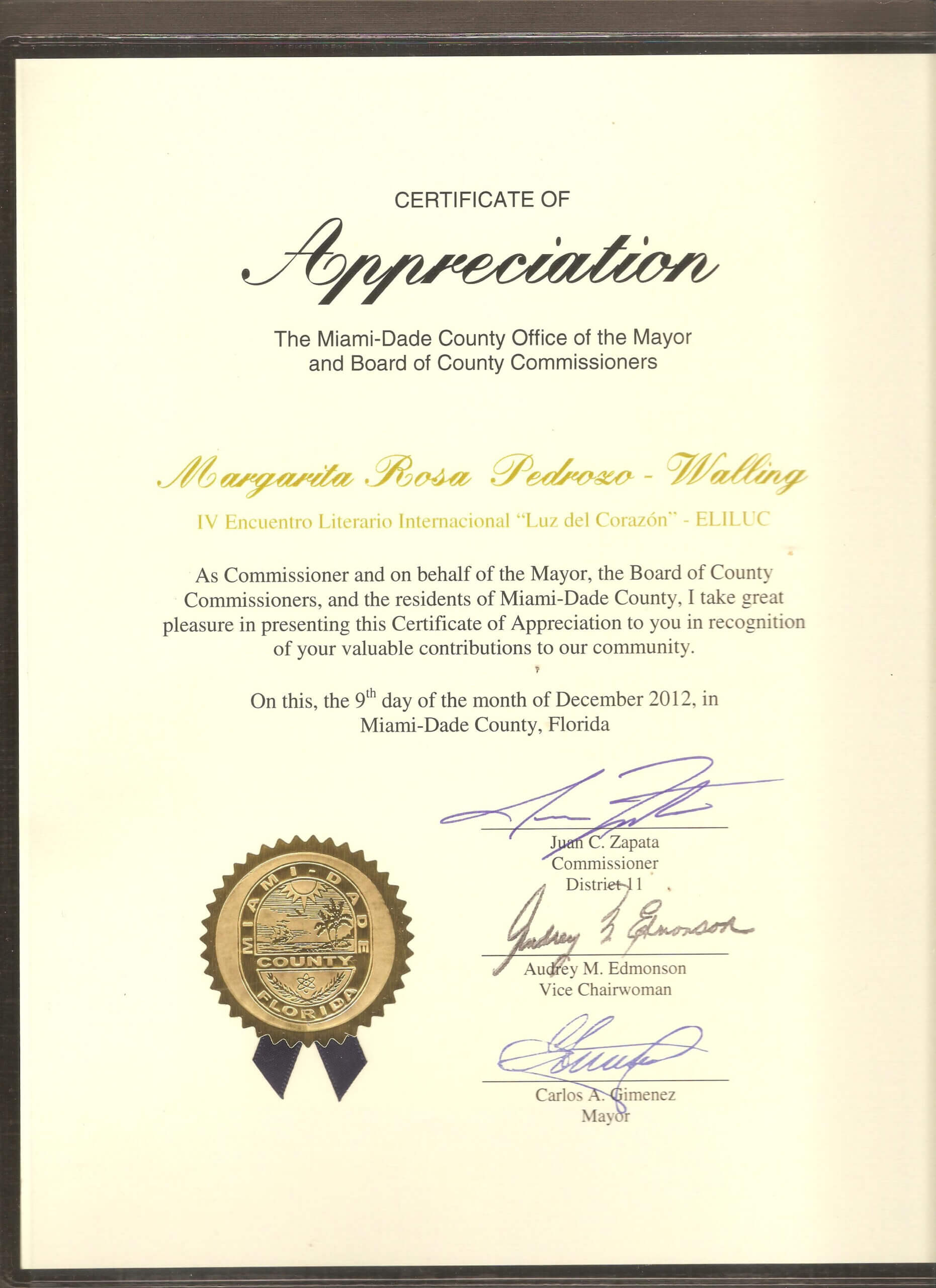 Certificate Of Appreciation Miami Dade County 2012 Regarding Felicitation Certificate Template