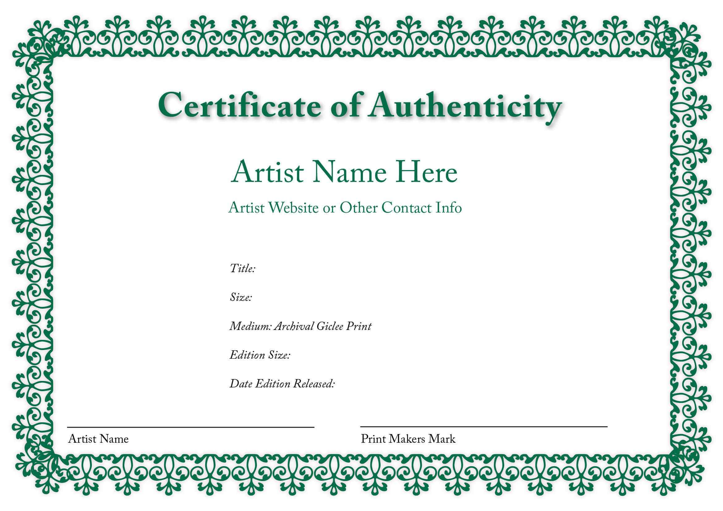 Certificate Of Authenticity Of An Art Print | Certificate Within Certificate Of Authenticity Photography Template
