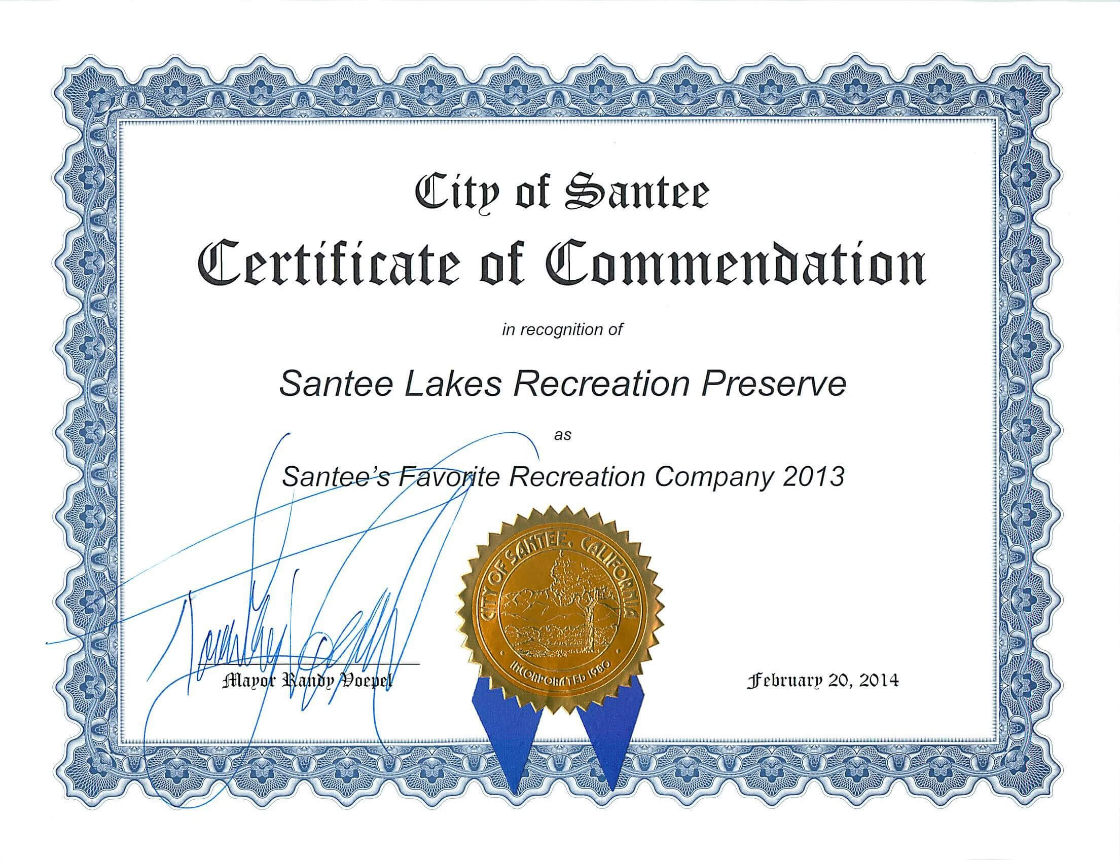 Certificate Of Commendation From The City Of Santee | Santee Within Recognition Of Service Certificate Template