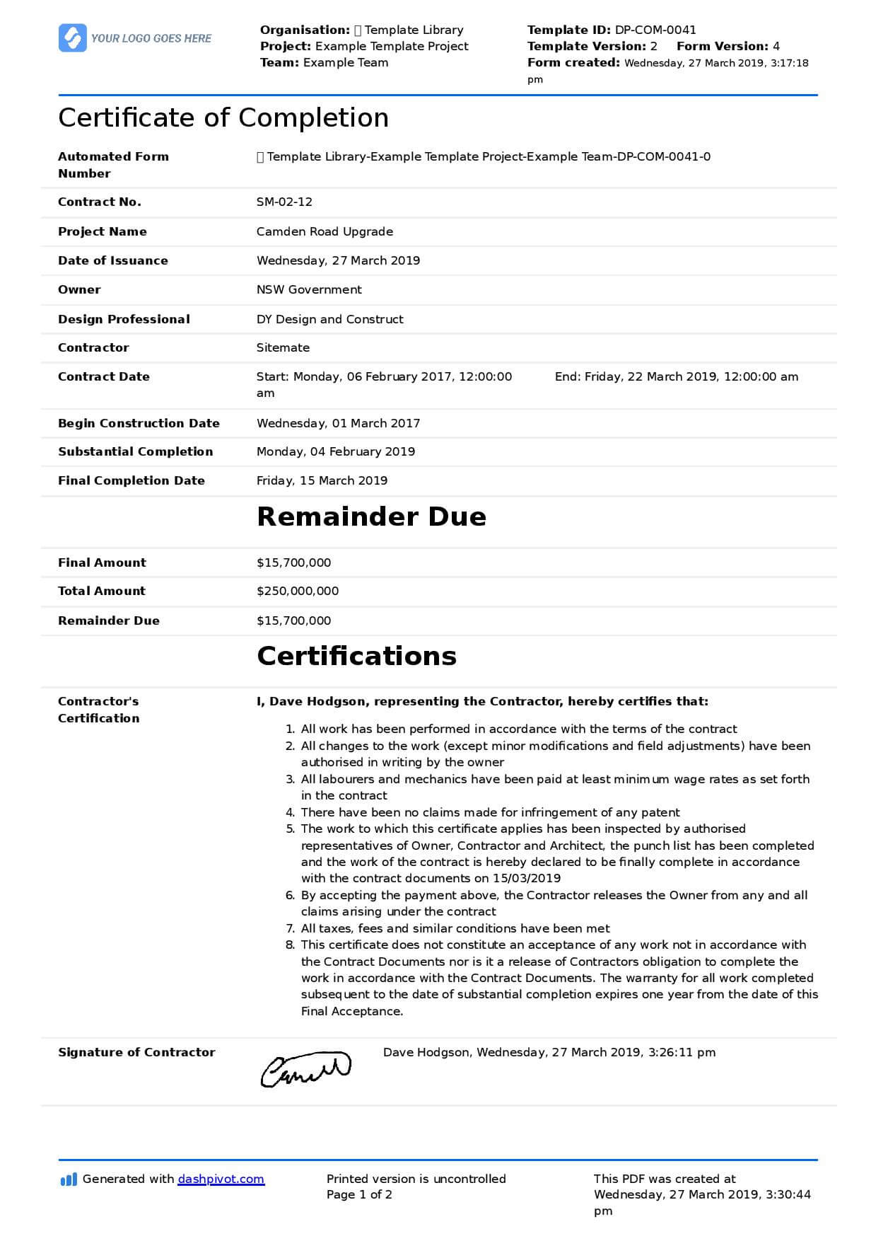 Certificate Of Completion For Construction (Free Template + Intended For Construction Certificate Of Completion Template