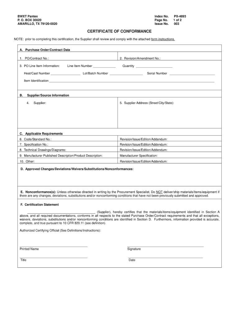 Certificate Of Conformance Template – Fill Online, Printable For Certificate Of Compliance Template