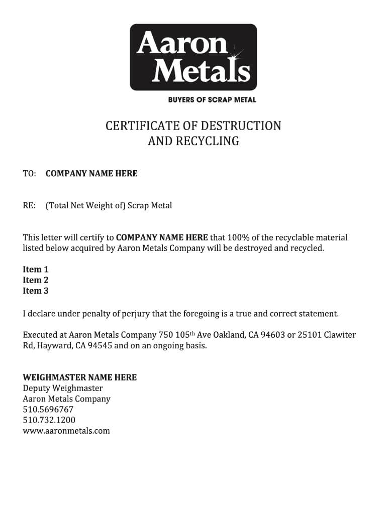 Certificate Of Destruction Template – Fill Online, Printable For Certificate Of Destruction Template