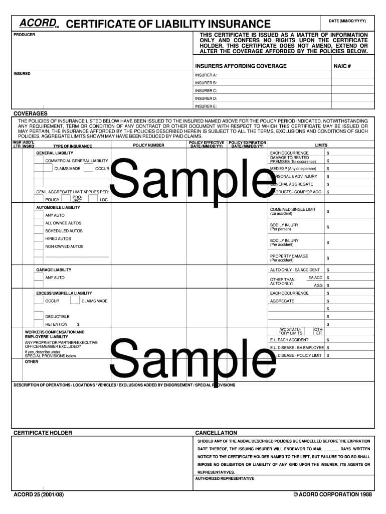 Certificate Of Insurance Template – Fill Online, Printable In Certificate Of Liability Insurance Template