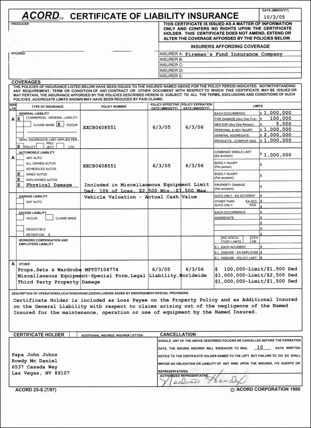 Certificate Of Liability Insurance Form 2019 Acord Acord In Certificate Of Insurance Template