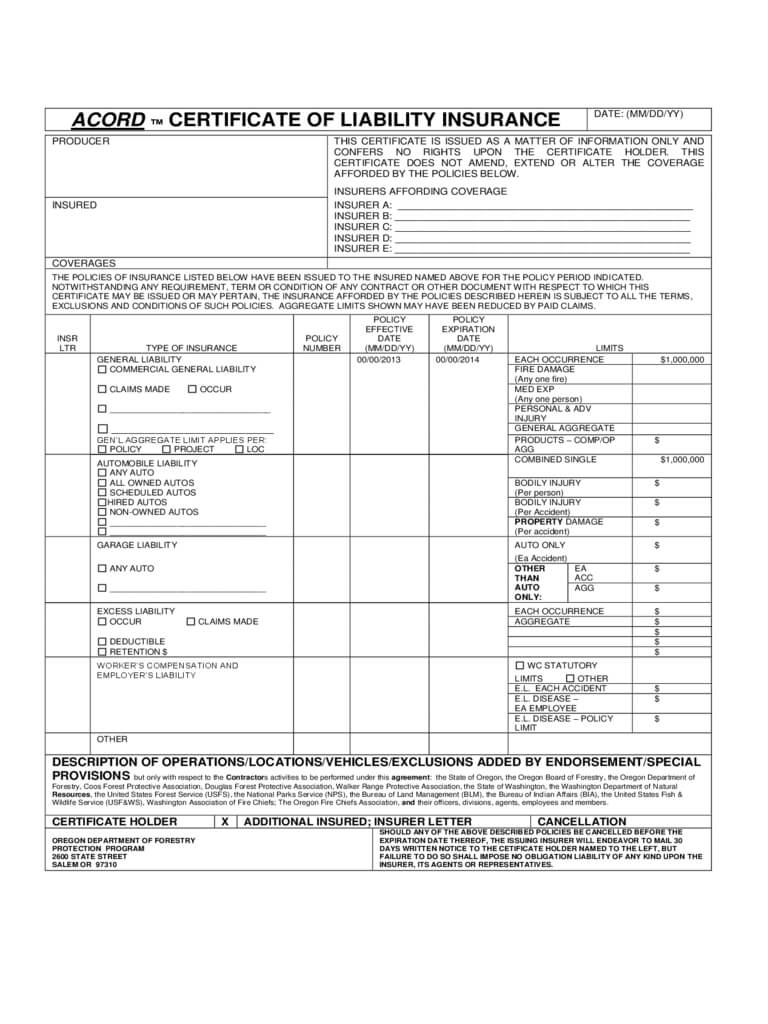 Certificate Of Liability Insurance Form – 5 Free Templates With Regard To Certificate Of Liability Insurance Template