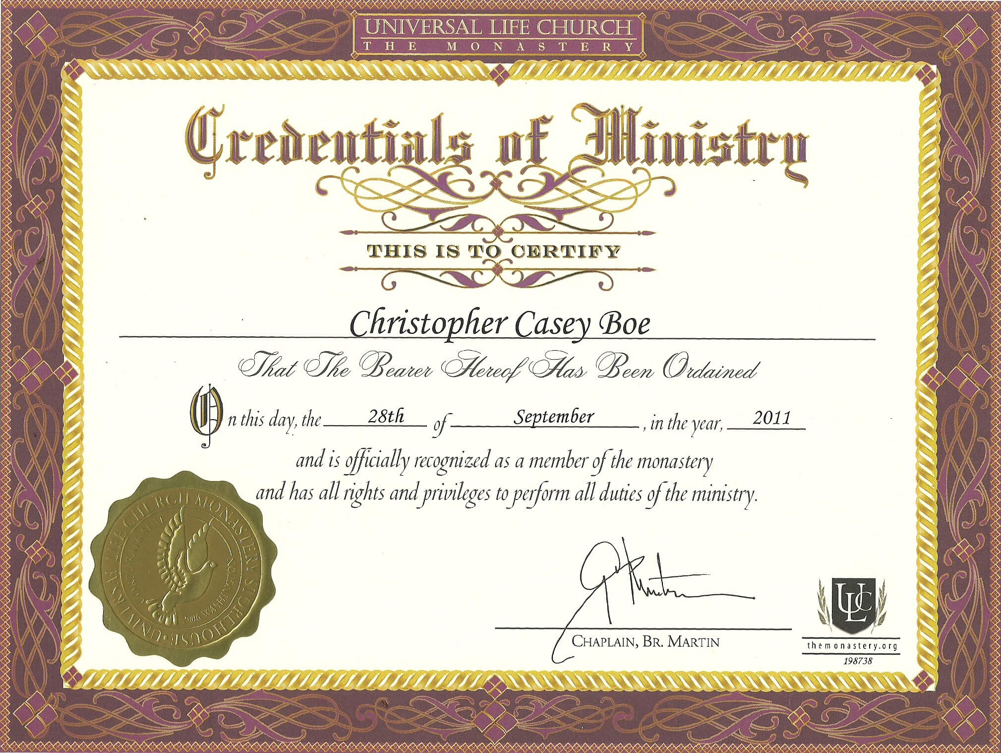 Certificate Of Ordination For Deaconess Example Throughout Certificate Of Ordination Template