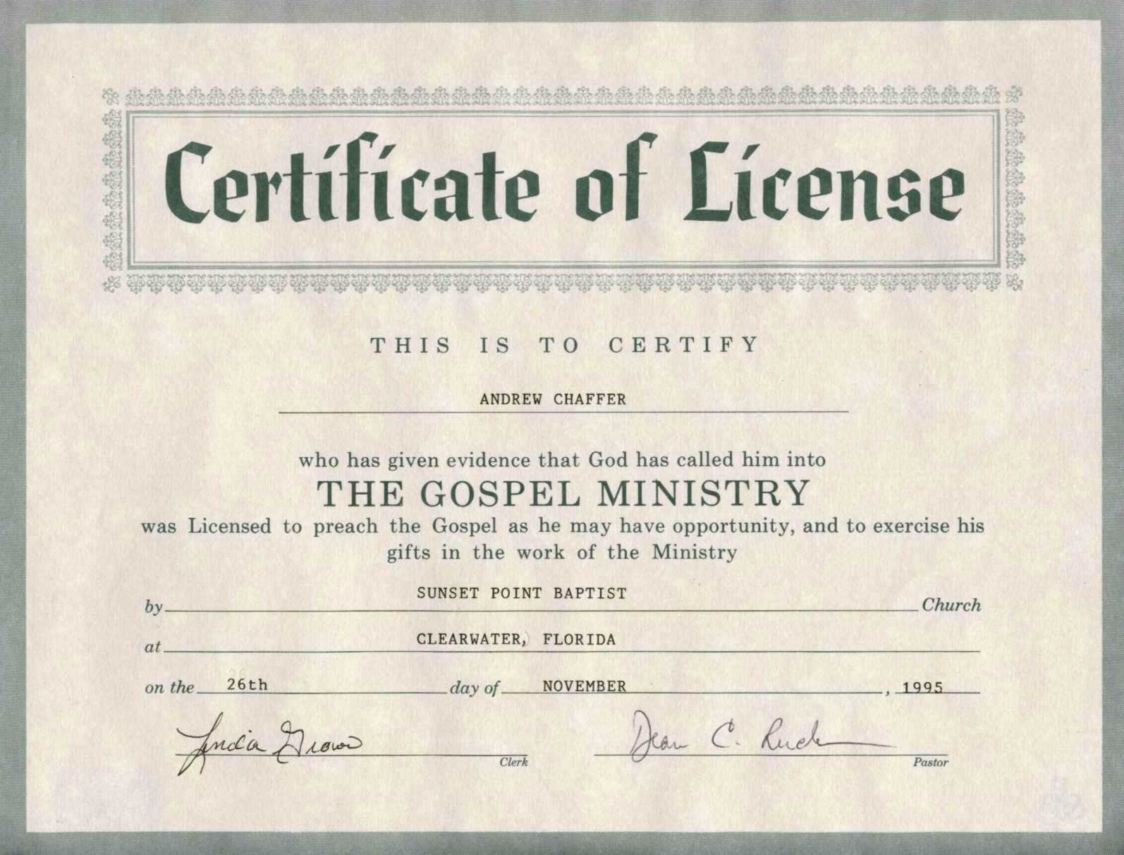 Certificate Of Ordination For Pastor Template Intended For Certificate Of License Template