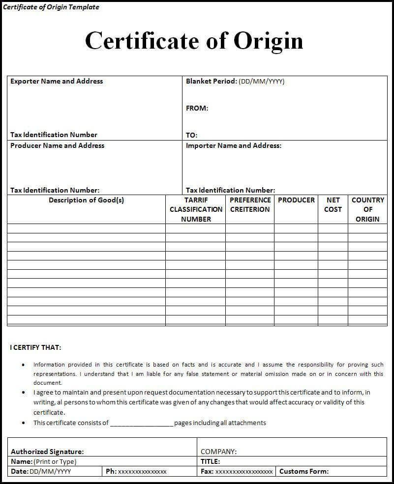 Certificate Of Origin Form | Certificate Of Origin Regarding Certificate Of Origin Form Template