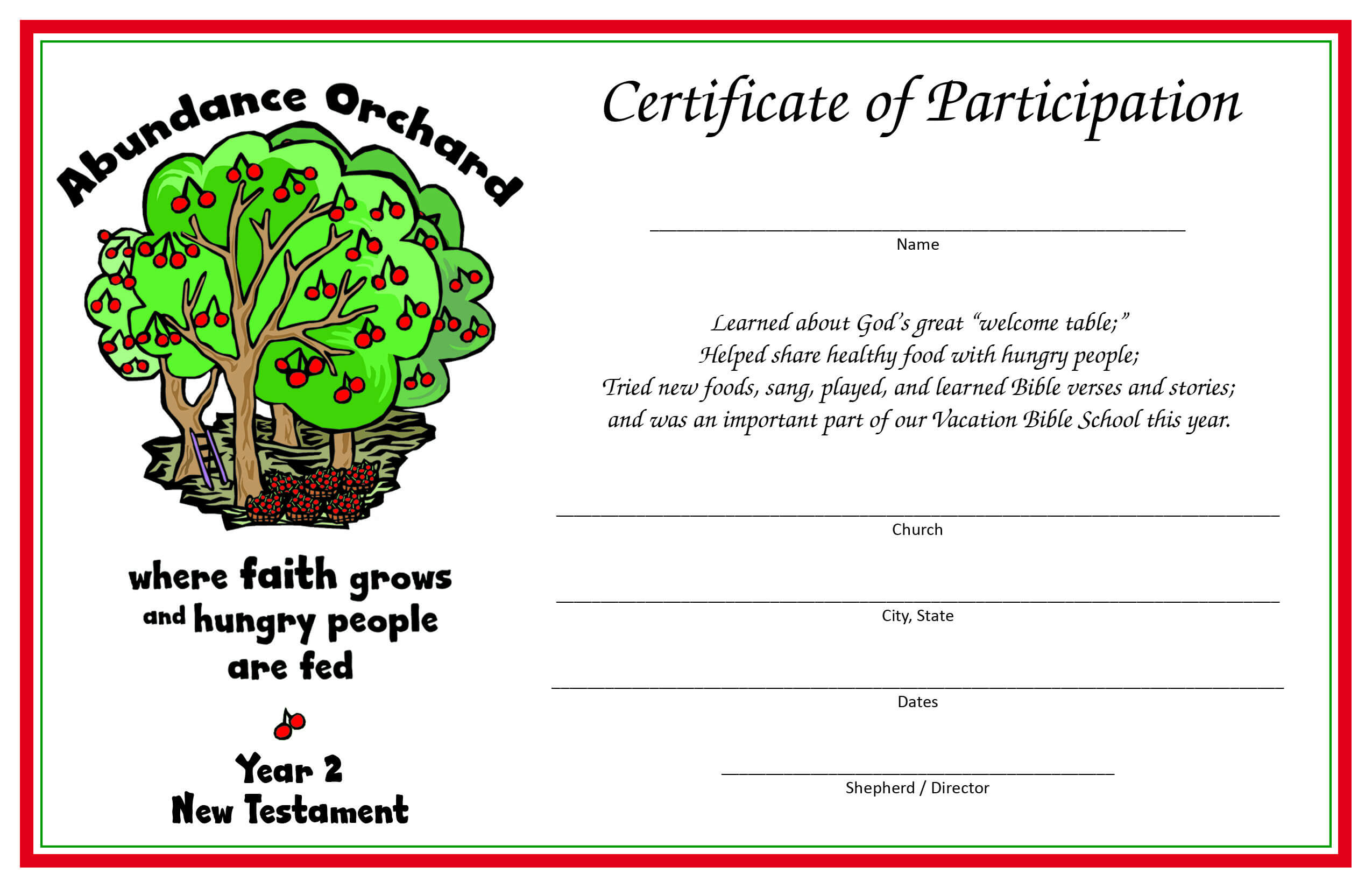 Certificate Of Participation – Year 2 (New Testament); Print In Free Vbs Certificate Templates
