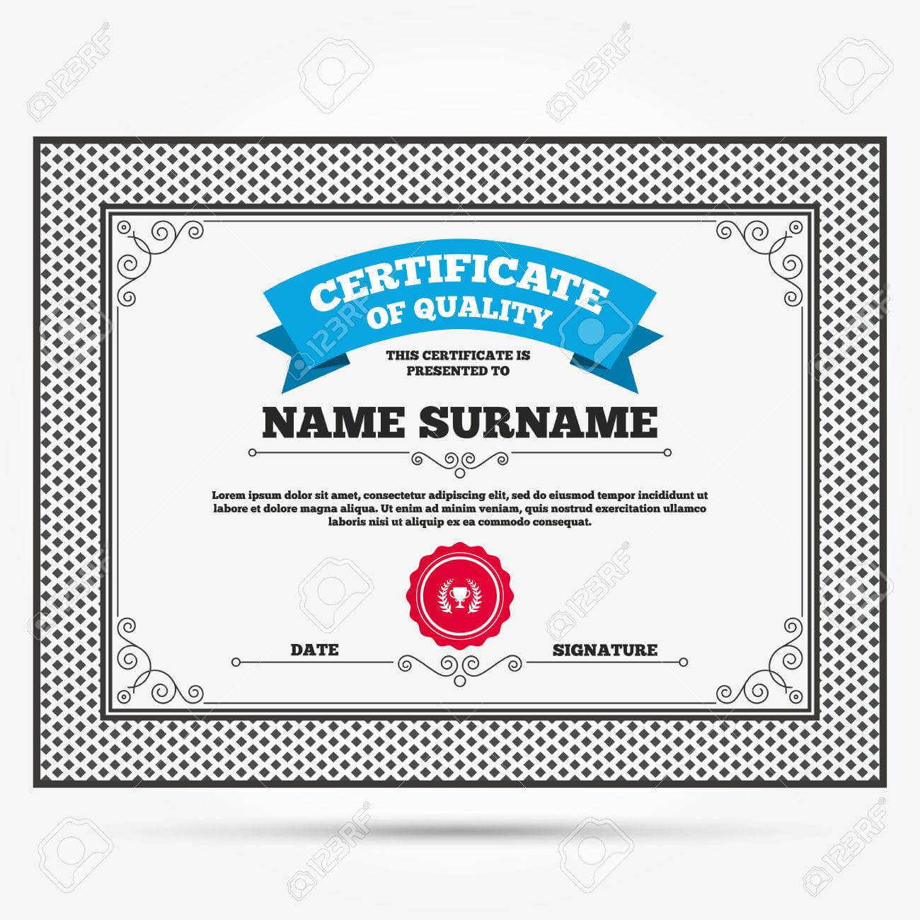 Certificate Of Quality. First Place Cup Award Sign Icon. Prize.. For First Place Award Certificate Template