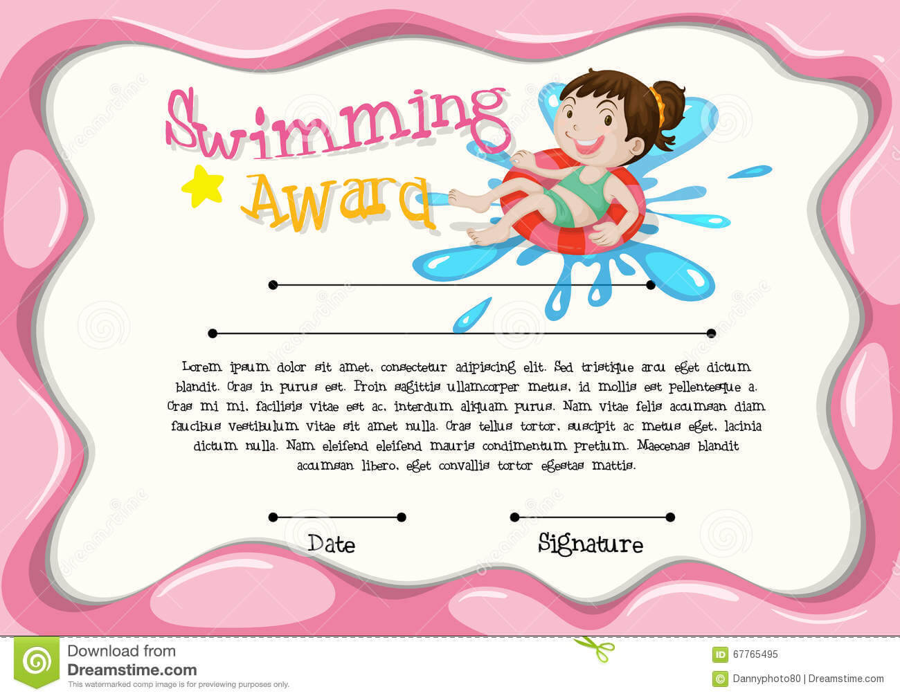 Certificate Template With Girl Swimming Stock Vector Throughout Free Swimming Certificate Templates