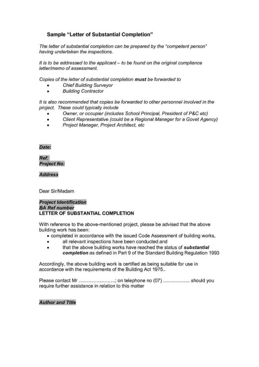 Certification Certificate Completion Construction Letter In Certificate Of Substantial Completion Template