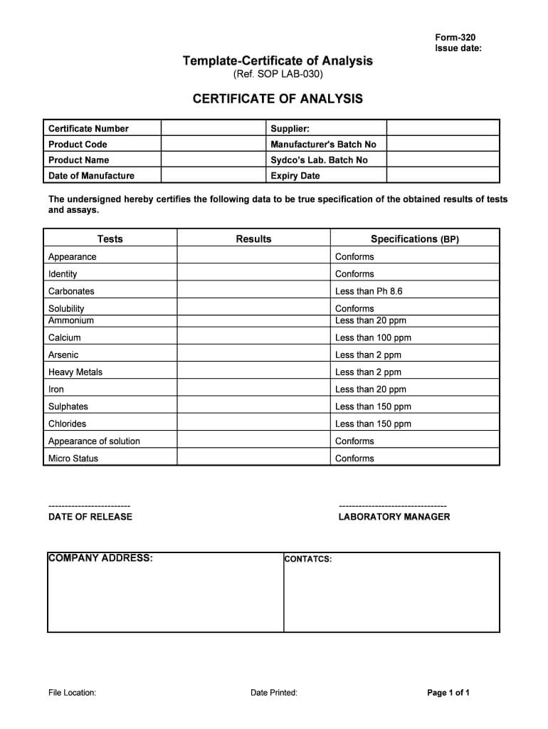 Certification Of Analysis Template - Fill Online, Printable In Certificate Of Analysis Template