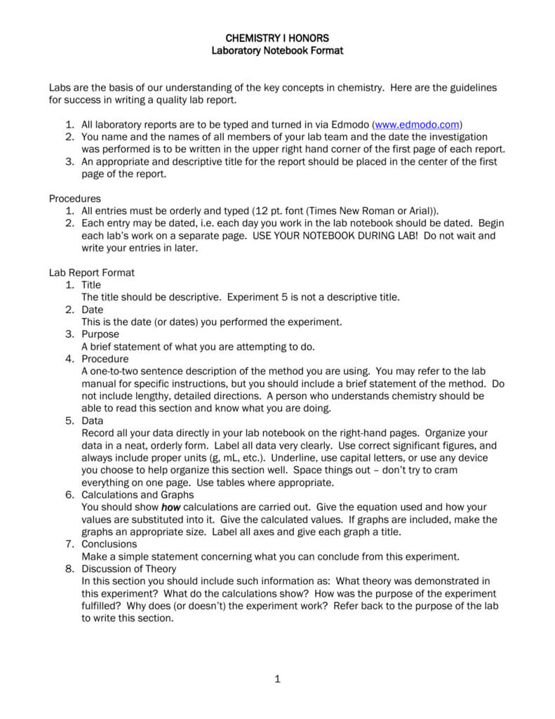 Chemistry I Honors Lab Report Format Pertaining To Lab Report Template Chemistry