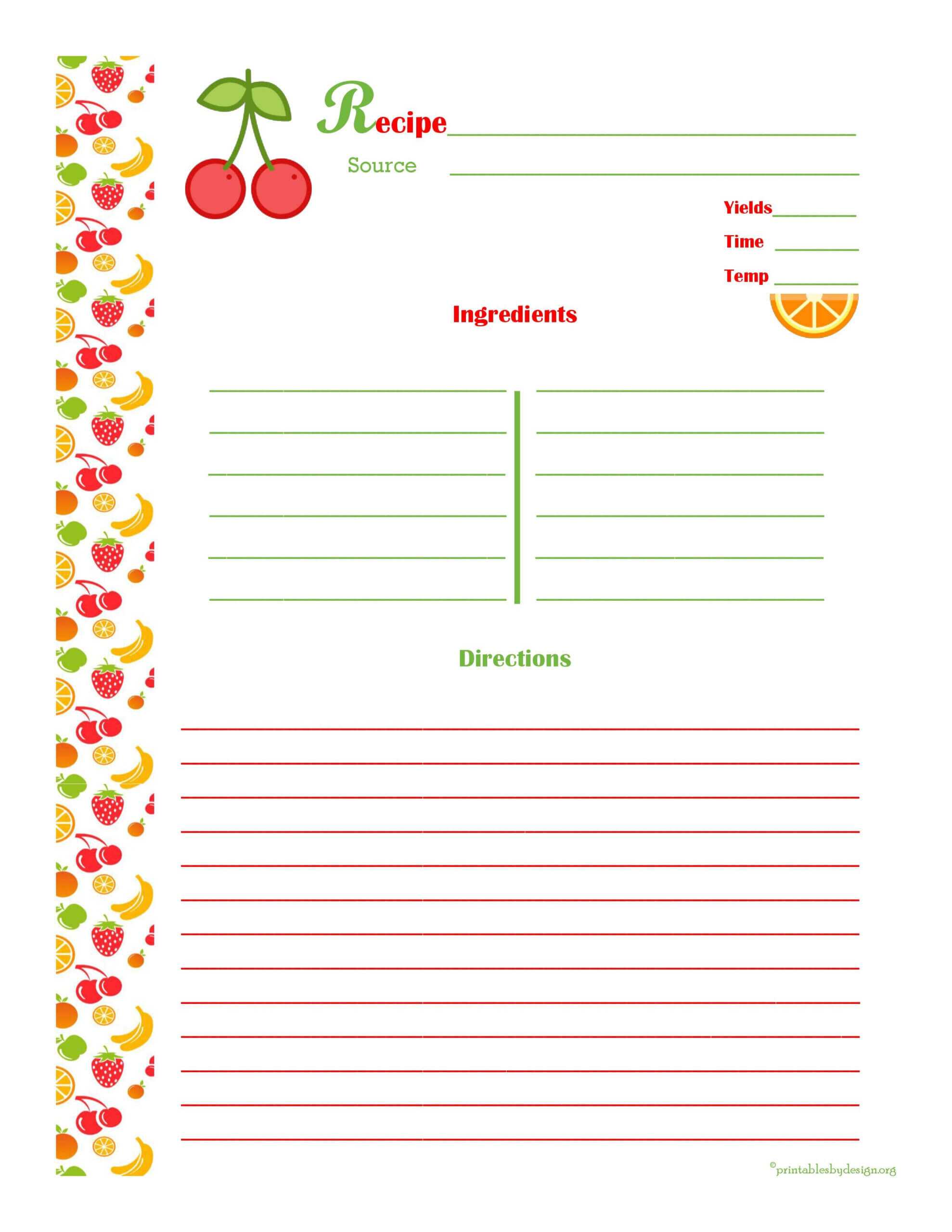 Cherry & Orange Recipe Card – Full Page | Printable Recipe For Microsoft Word Recipe Card Template