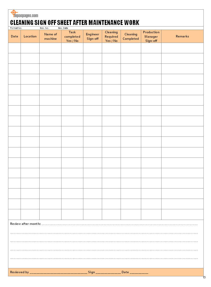Cleaning Sign Off Sheet After Maintenance Work Format Inside Cleaning Report Template