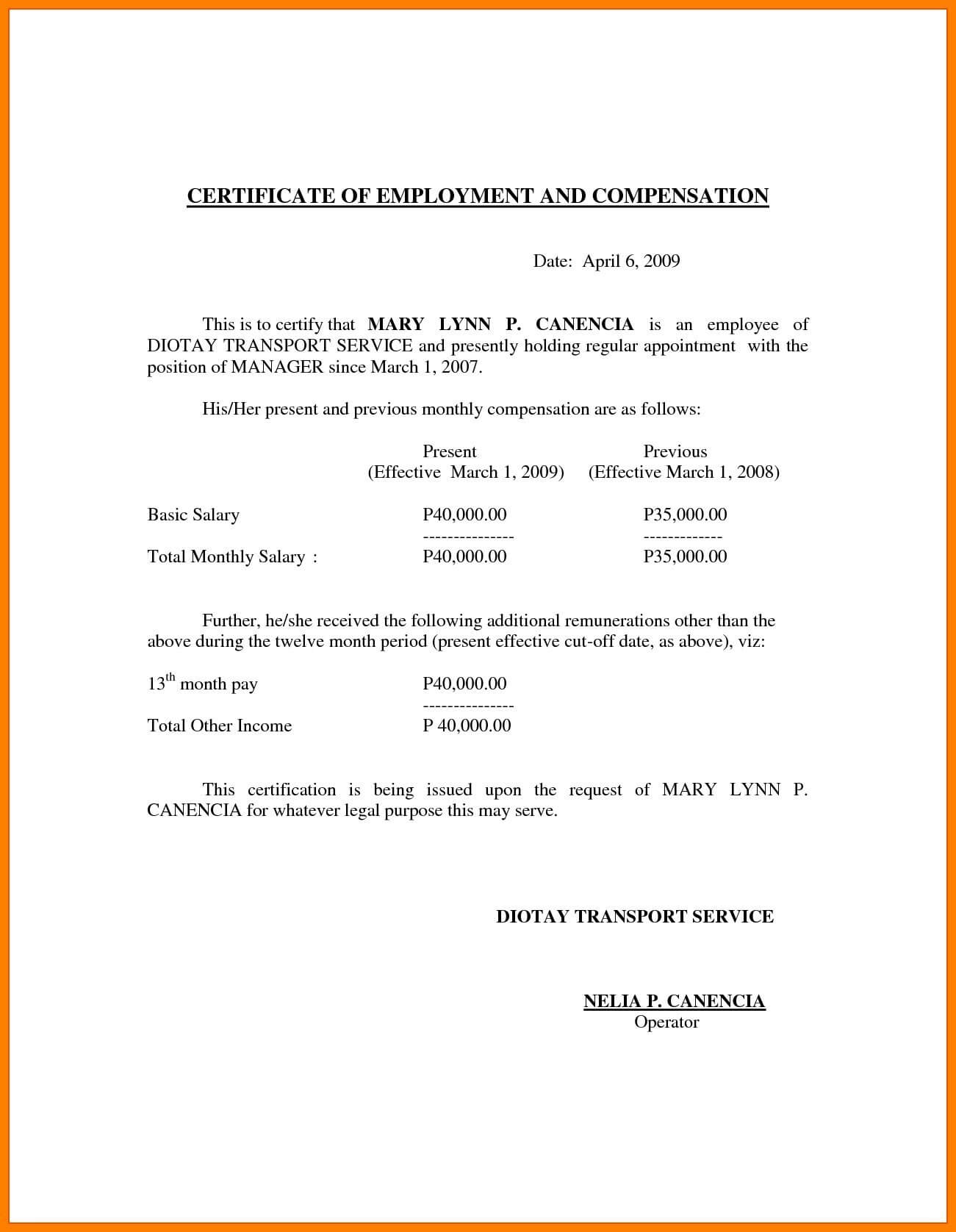 Coe With Compensation Sample – Forza.mbiconsultingltd With Certificate Of Employment Template