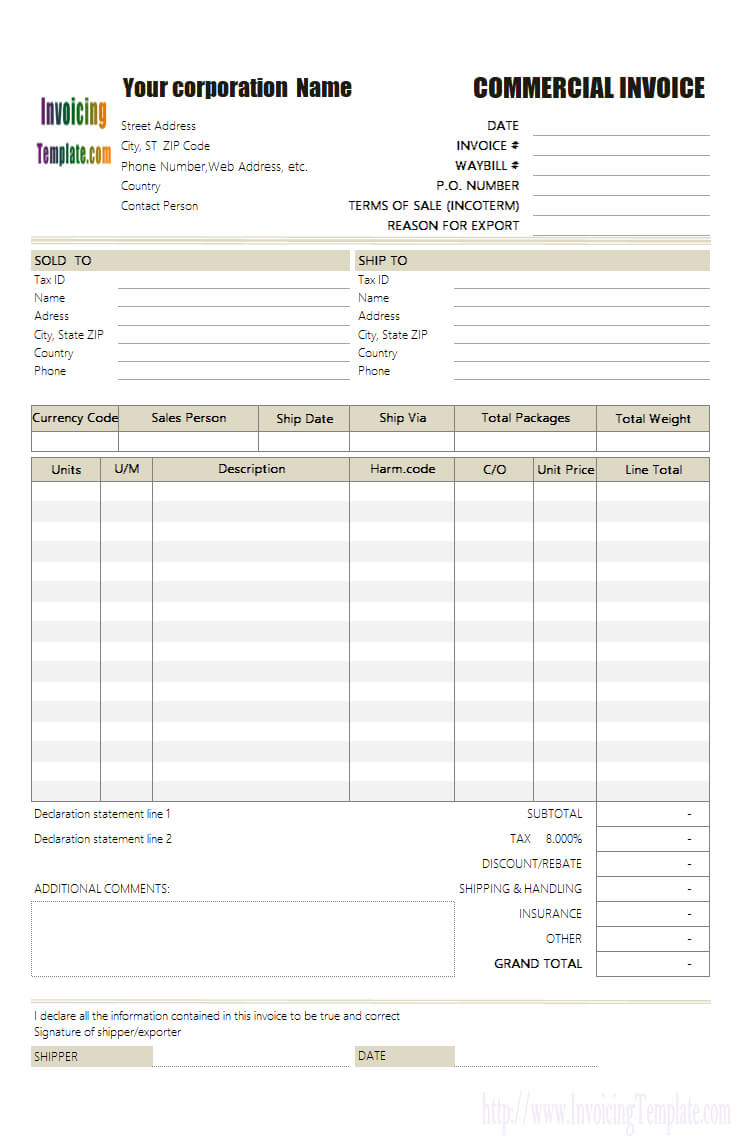 Commercial Invoice No Commercial Value Regarding Commercial Invoice Template Word Doc