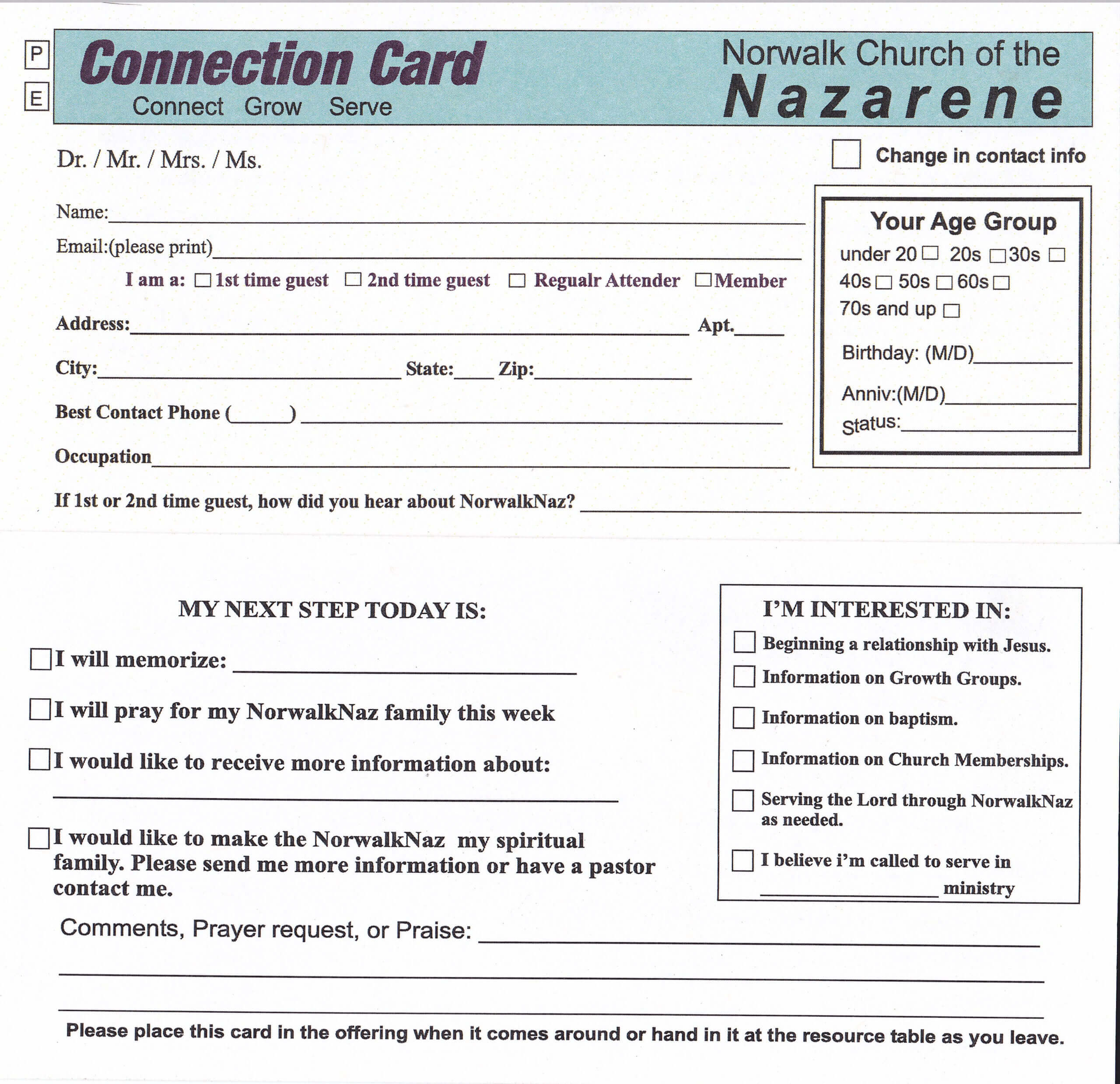 Connection Card | Welcome Card, Connection, Cards Throughout Church Visitor Card Template