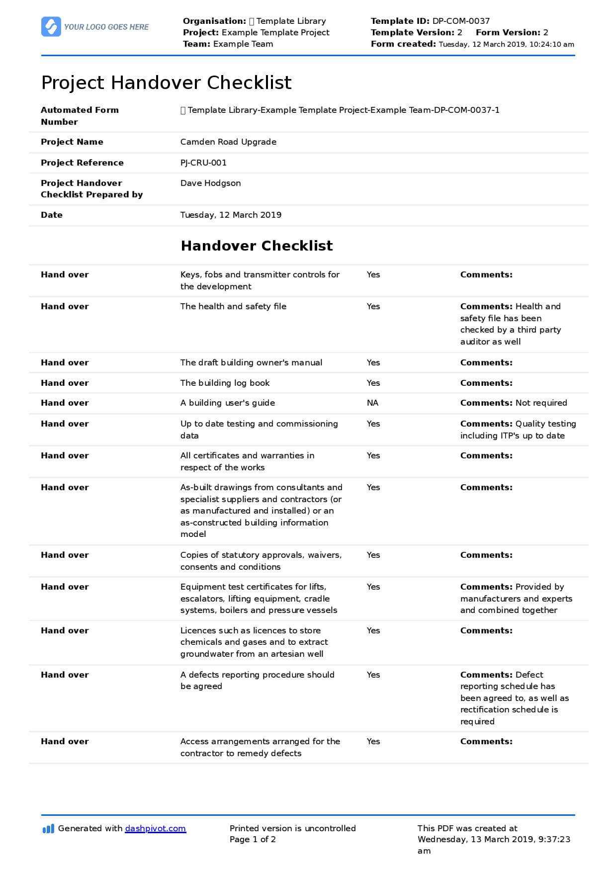 Construction Project Handover Document Sample To Use Or Copy In Handover Certificate Template