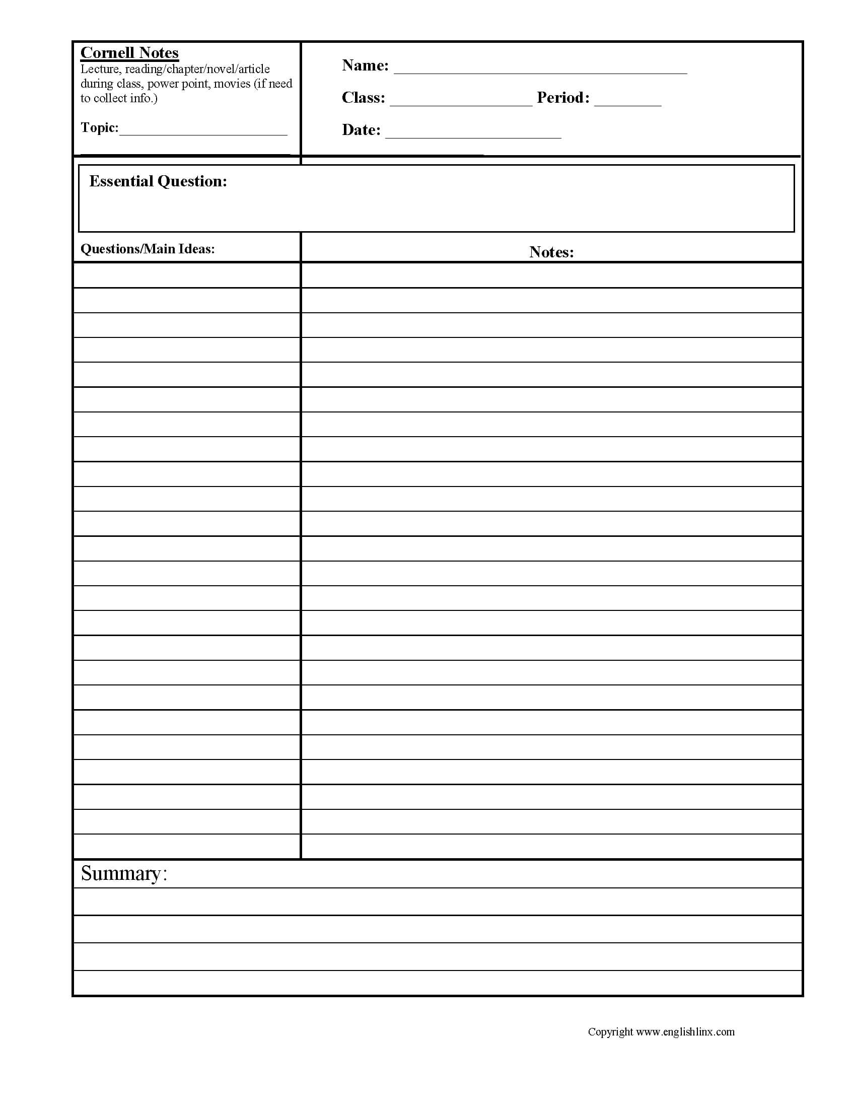 Cornell Notes Summary Worksheets | Cornell Notes, Cornell With Cornell Note Template Word