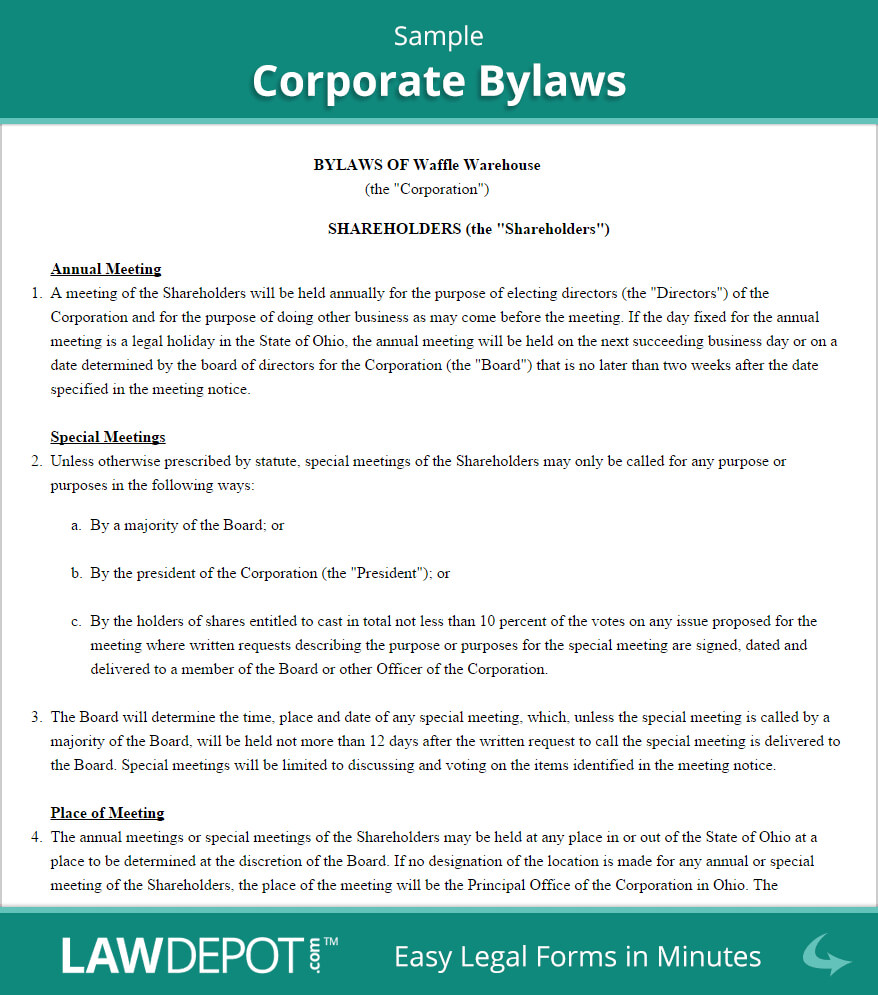 Corporate Bylaws Template (Us) | Lawdepot For Corporate Bylaws Template Word