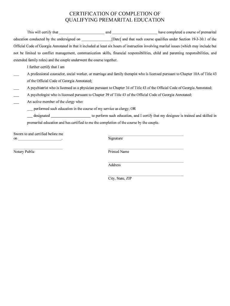 Correct Way To Fill Out Certification Of Qualifying Intended For Premarital Counseling Certificate Of Completion Template