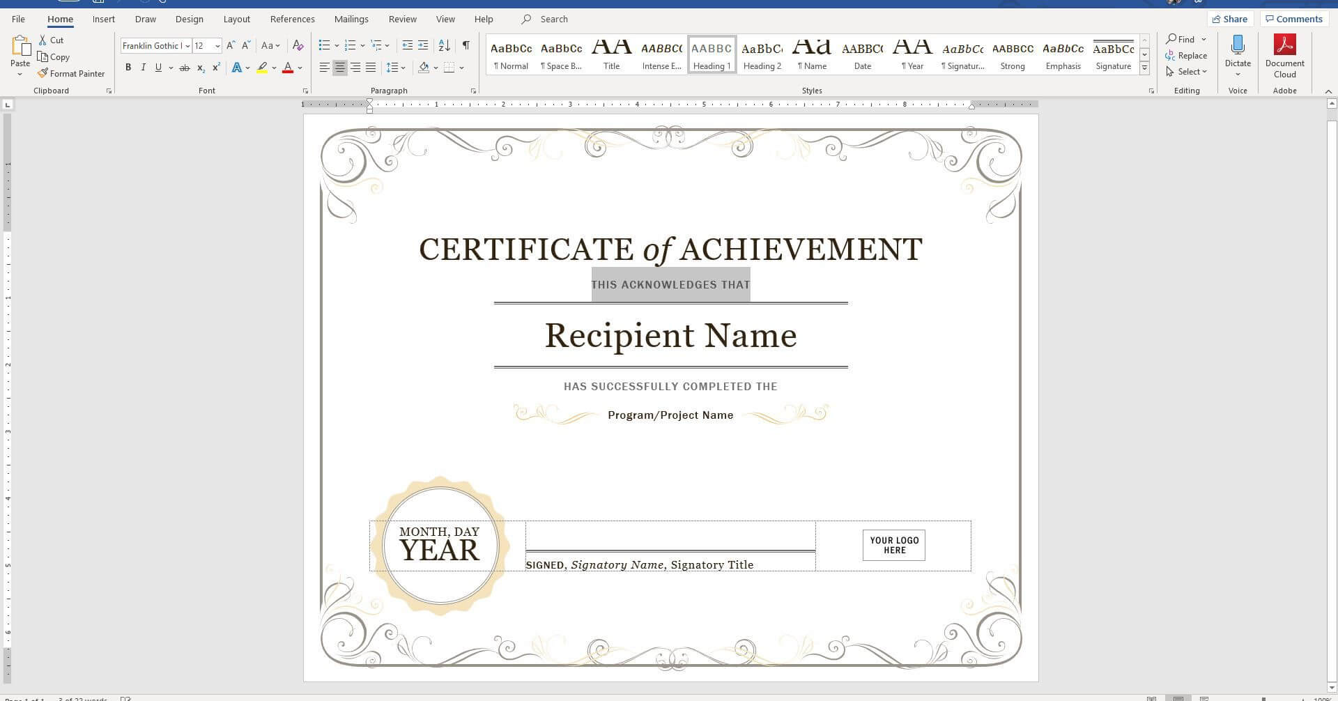 Create A Certificate Of Recognition In Microsoft Word Intended For Employee Anniversary Certificate Template