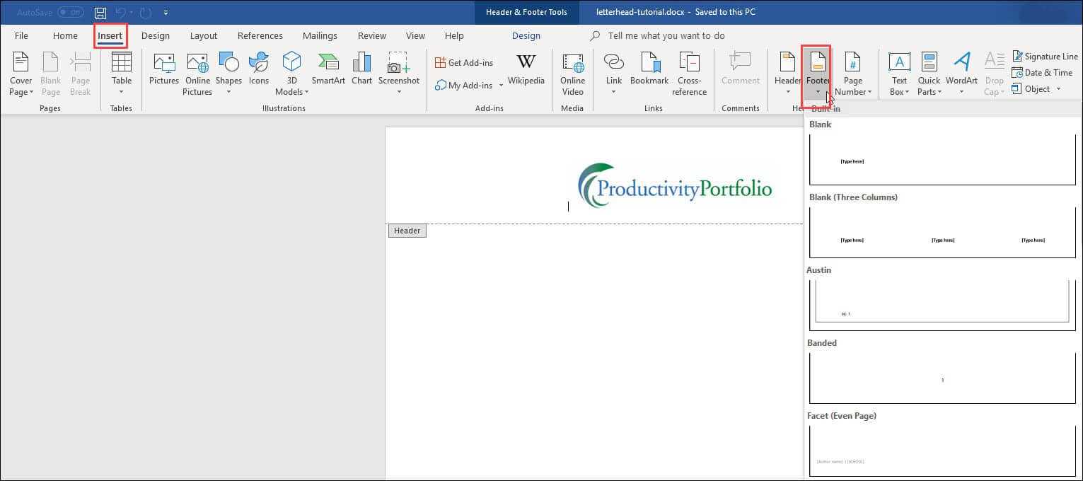 Create A Word Letterhead Template | Productivity Portfolio With Regard To Header Templates For Word