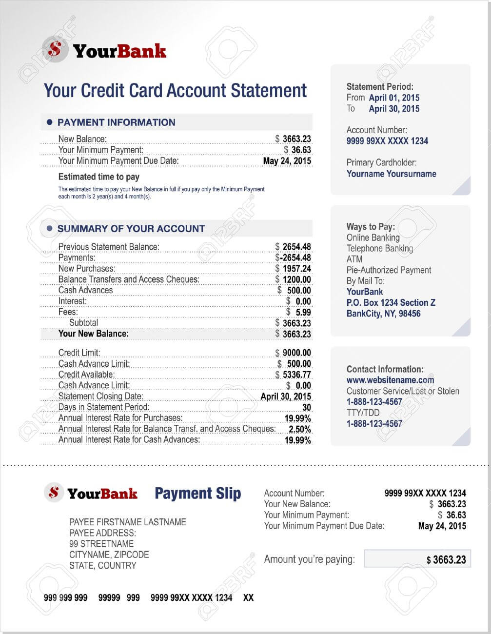Credit Card Bank Account Statement Finance Document Template Intended For Credit Card Payment Slip Template