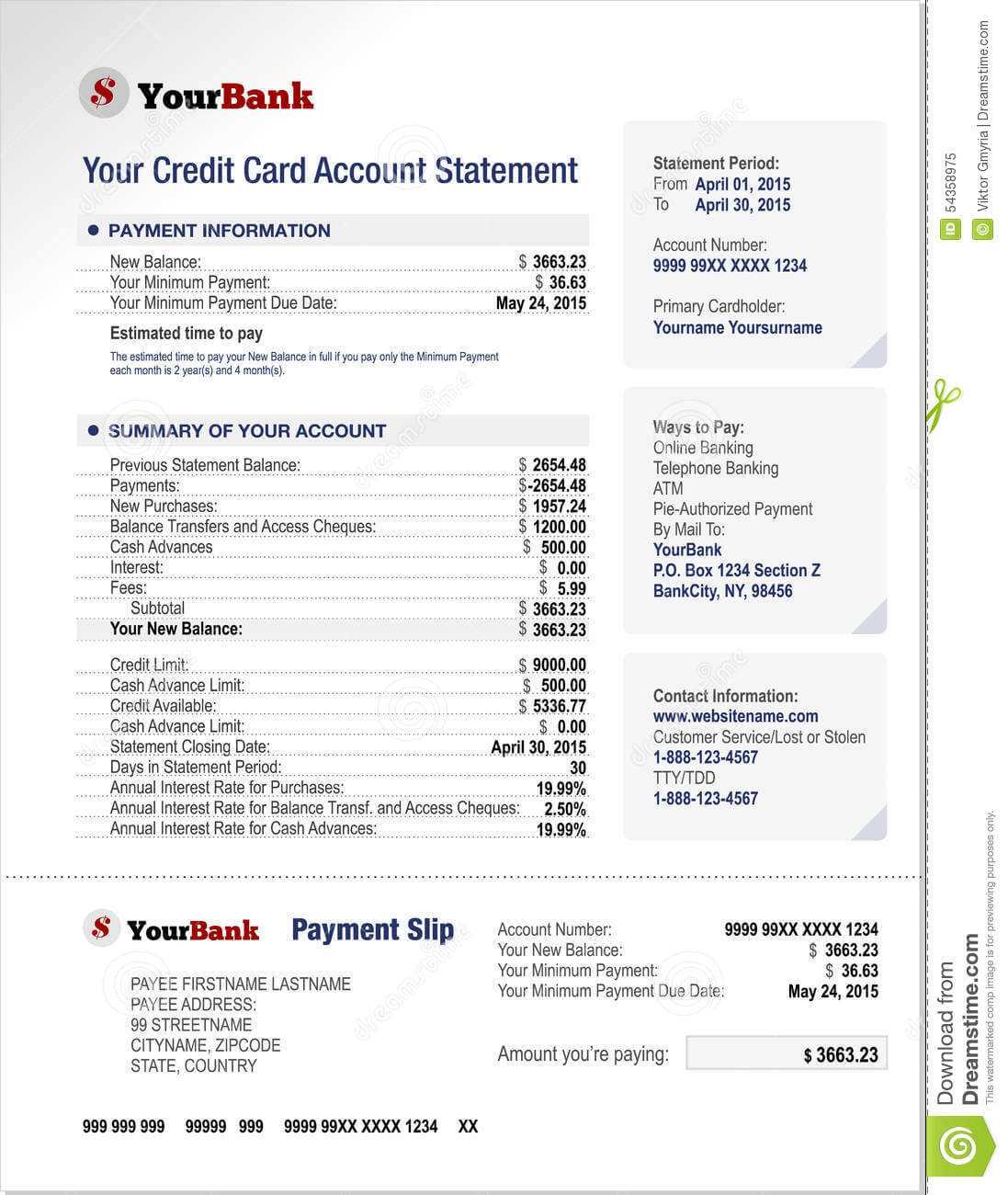 Credit Card Bank Account Statement Template Stock Vector Pertaining To Credit Card Bill Template