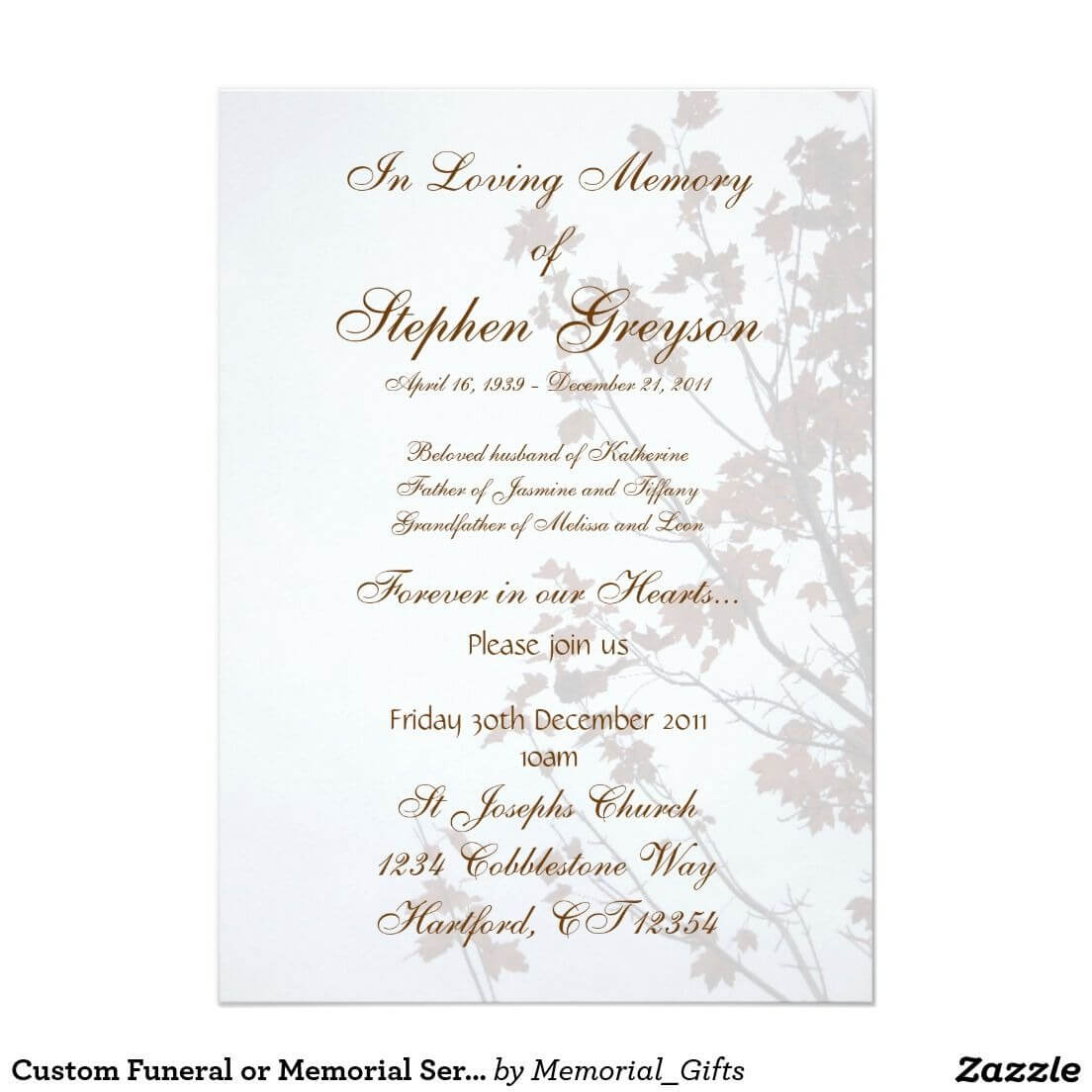 Custom Funeral Or Memorial Service Announcement 5" X 7 Pertaining To Funeral Invitation Card Template